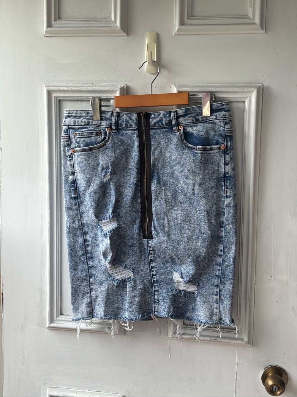 Love & Legend Light Blue Distressed Denim Pencil Skirt with Front Zip